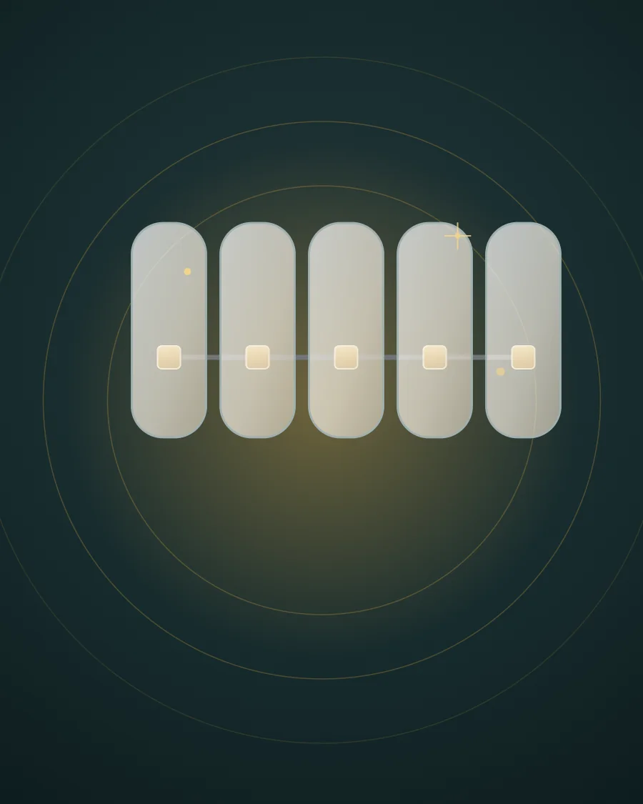 Illustration of five teeth with brackets and a wire fixed to their back surfaces, seen faintly through the teeth, drawn in Elite Dental gold and charcoal
