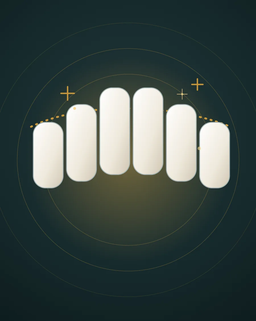 Illustration of six front teeth following a curved smile line marked by a dotted gold line with small sparkles, drawn in Elite Dental gold and charcoal