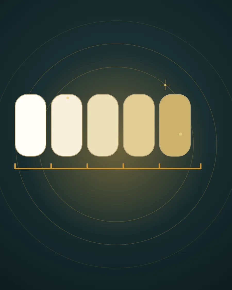 Illustration of five teeth shown from white to deep yellow like a shade guide, drawn in Elite Dental gold and charcoal